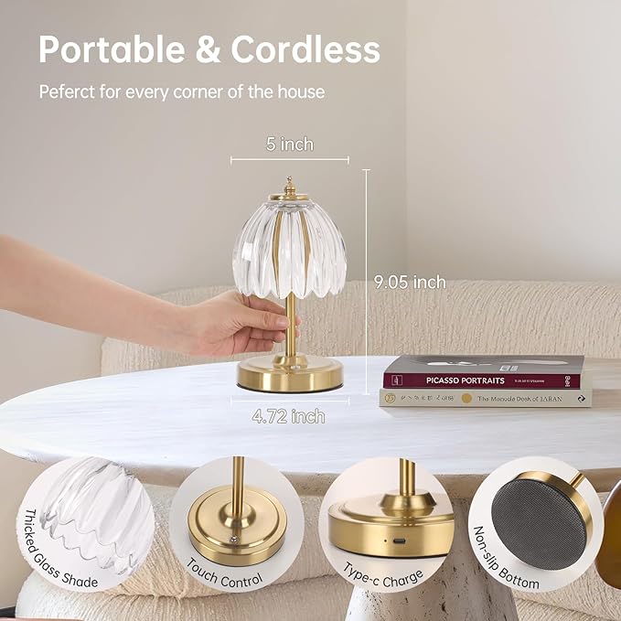 Shenmoyl Set of 2 Tulip Table Lamp with 5200mAh Battery & Touch Control, Cordless Small Table Lamp with 3 Colors, Rechargeable Battery Operated Table Lamps for Nightstand, Bedroom (Transparent Tulip)