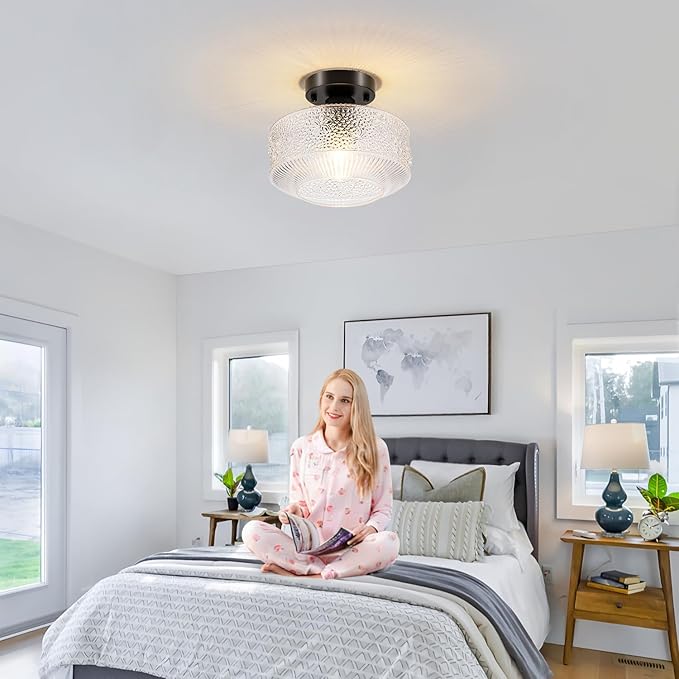 Semi Flush Mount Ceiling Light, 9 Inch Modern Small Ceiling Light Fixture with Thickened Glass & Stone Floral Pattern, Black Metal Base for Hallway Kitchen Bedroom Hotel Cafe
