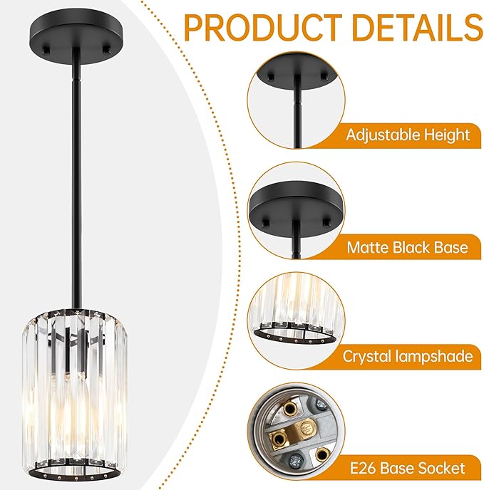 Black Pendant Light, Modern Crystal Pendant Lights Kitchen Island, Kitchen Island Lighting with Adjustable Height, UL Certified Island Lights for Kitchen Dining Room Bedroom Hallway 1 Pack