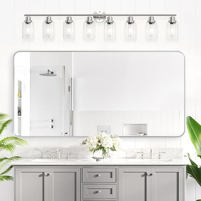 8-Light Brushed Nickel Vanity Lights, Modern Bathroom Light Fixtures with Clear Glass Shade, Wall Lamps for Mirror Kitchen Hallway Cabinet Living Room Sconces Lights - E26