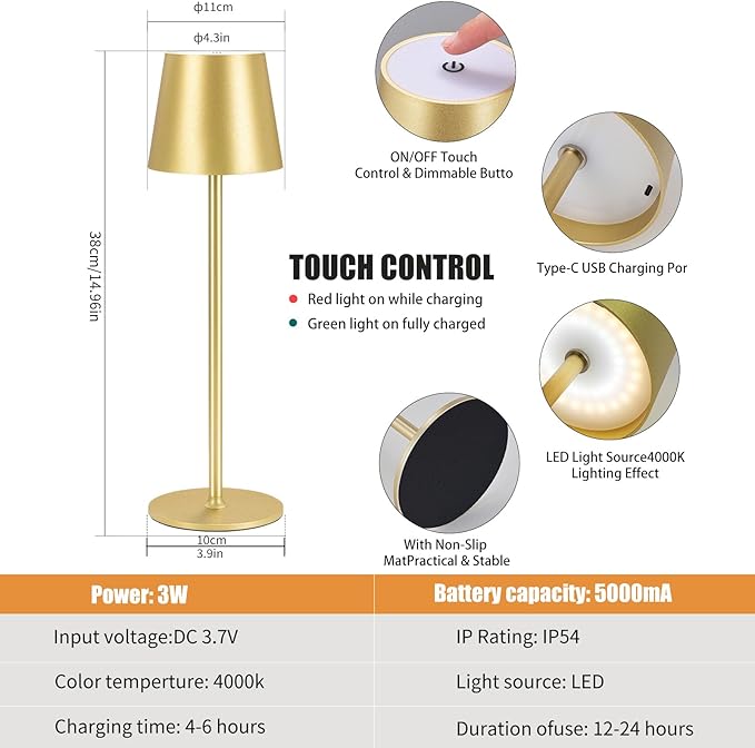 IMQSQIK 2 Pack Cordless Table Lamp, 5000mAh Portable Rechargeable LED Desk Lamp (Gold)