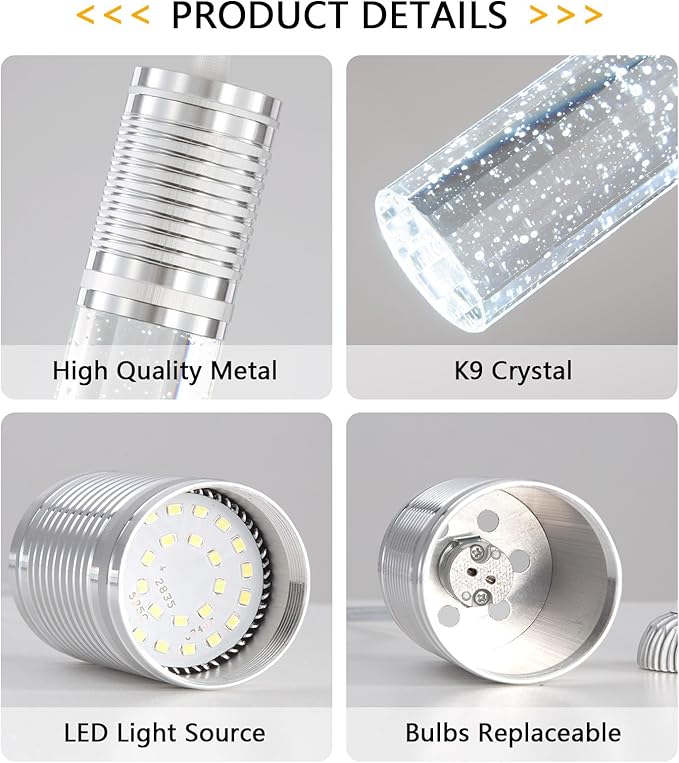 HAIXIANG Set of 2 Pendant Lights for Kitchen Island, White Light, Silver Crystal Linear Pendant Lighting, Bar Corner LED Light Fixture