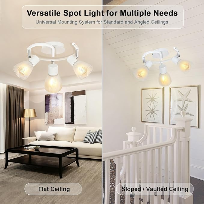 HiBay 3-Light Track Lighting, Modern Glass Ceiling Light Fixture White, Directional Flush Mount Spotlight Round for Kitchen, Bedroom, Living Room, E12 Base, No Bulbs