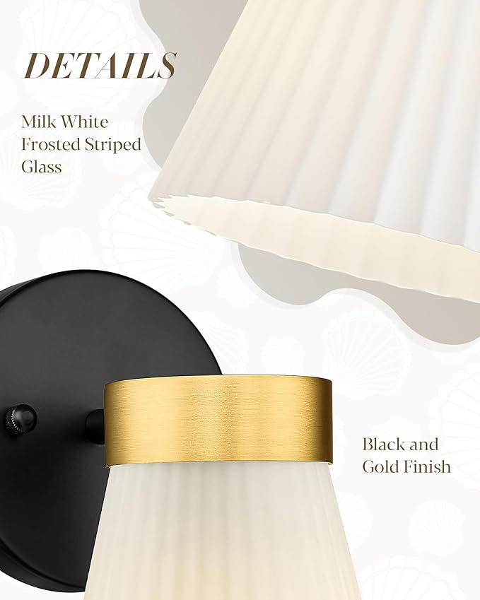 1-Light Bathroom Wall Sconce, HWH Black and Gold Wall Sconce with Frosted Milk White Striped Glass, Modern Bathroom Light Fixture for Bathroom Bedroom, 5HZG97B BK+BG