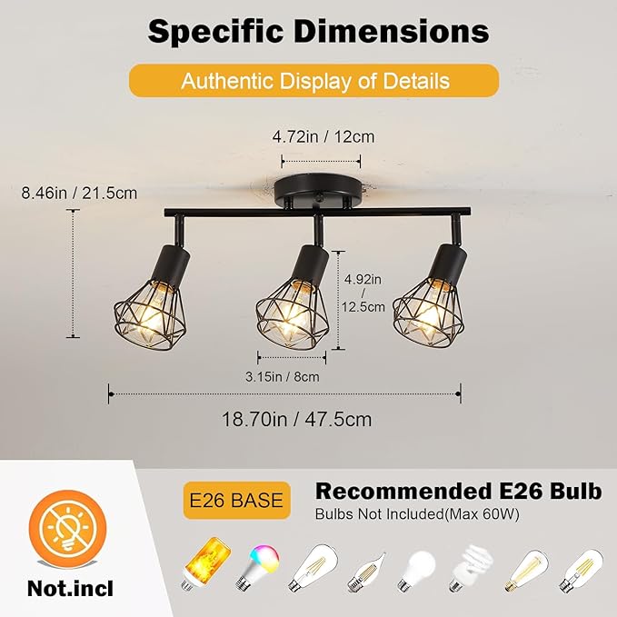 3-Lights Black Track Lighting Fixture Ceiling,Adjustable Semi Flush Mount Ceiling Light Fixture Multi-Directional Rotatable Kitchen Track Lighting Fixtures with Geometric Cages for Dining Room