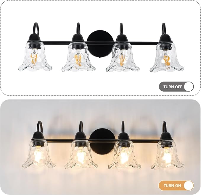 Bathroom Light Fixtures over Mirror, 4 Lights Vintage Wall Sconces with Hammered Glass Shade, 26.8" Matte Black Farmhouse Bathroom Wall Light Fixtures for Bedroom, Porch, Hotel, Mirror Cabinet