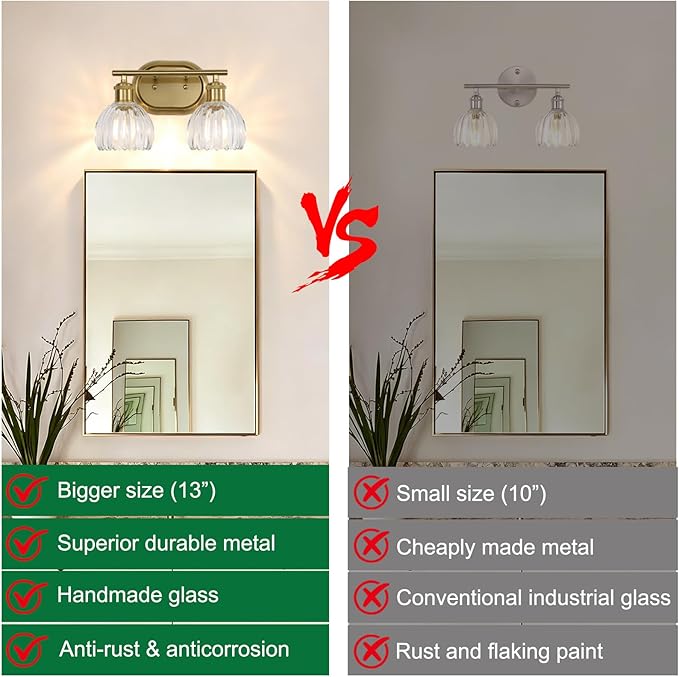 4-Light Bathroom Light Fixtures, Brushed Gold Vanity Lights for Bathroom with Ribbed Clear Tulip Glass Shade, Vintage Wall Scone Lighting Fixture Over Mirror for Bedroom Living Room Hallway