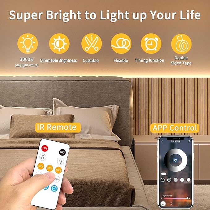100FT COB LED Strip Lights Warm White Dimmable DC 24V 3000K Flexible LED Tape Light for Bedroom, with Remote and app Control LED Tape Lights,for DIY Home Decoration(2 Rolls of 50ft)