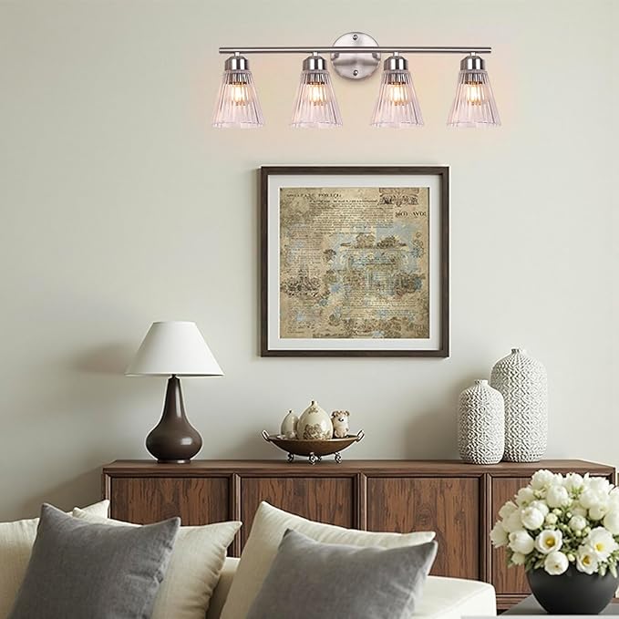 4-Light Bathroom Vanity Light, Brushed Nickel Bathroom Light Fixtures Over Mirror with Stripe Glass, Modern Wall Lamp, Wall Sconces Lighting for Living Room Bedroom Kitchen Hallway