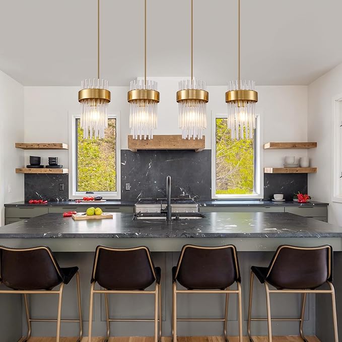 Dijiahua 4-Light Gold Pendant Lights Kitchen Island Over Table, Modern Crystal Brushed Brass Linear Chandeliers,Adjustable Cord Hanging Counter Lamp Fixture for Dinning Room,Sink