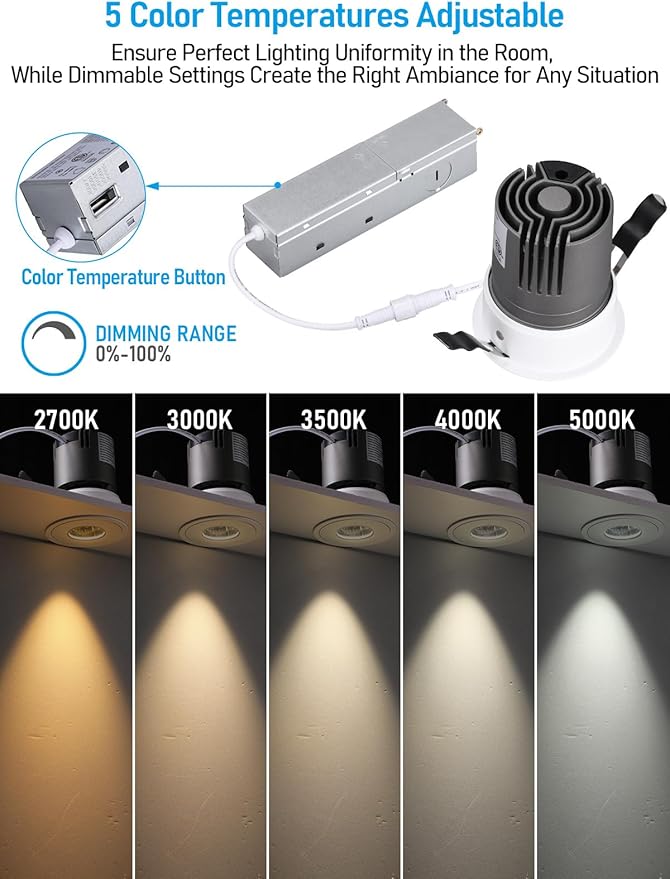TORCHSTAR 3 Inch 5CCT LED Pinhole Recessed Lights with J-Box, 30° Ultra-Narrow Trim Recessed Ceiling Spotlight, IC Rated, Dimmable, Anti-Glare, CRI 90, 2700-5000K, ETL FCC, Pack of 4