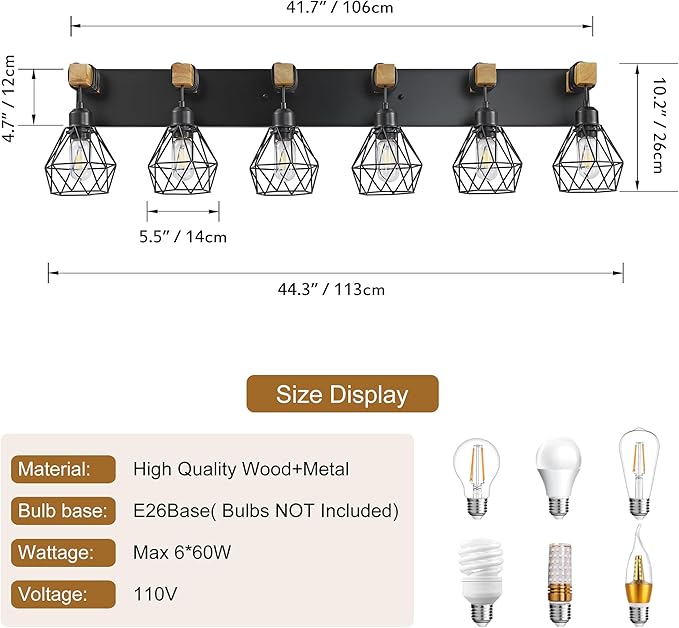 Farmhouse Vanity Light for Bathroom, 6-Light Wood Bathroom Vanity Light Fixtures Over Mirror, Rustic Sconces Wall Lighting with Metal Lampshade for Living Room, Bedroom, Hallway