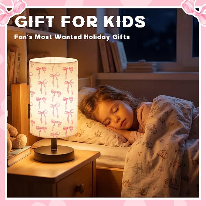 Glooglitter Pink Bow Table Lamp Gifts 3 Colors Dimmable Lights 11.02 x 5.12 Inch Night Light Bedside Lamps Decoration for Bedroom Desk Birthday Gifts for Home Decor