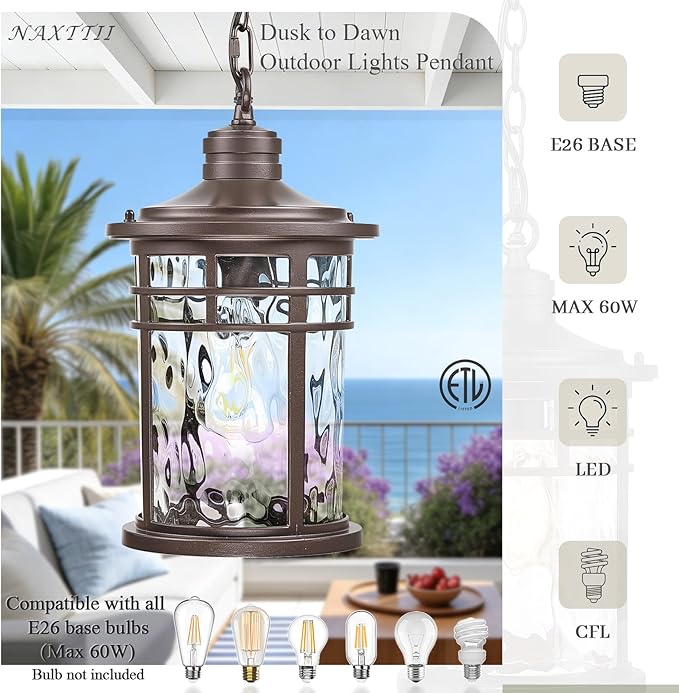 Large Outdoor Pendant Light Dusk to Dawn Hanging Porch Light Anti-Rust Aluminum Exterior Hanging Lighting Fixtures for Front Door Gazebo E26 Socket Oil Rubbed Bronze Finish