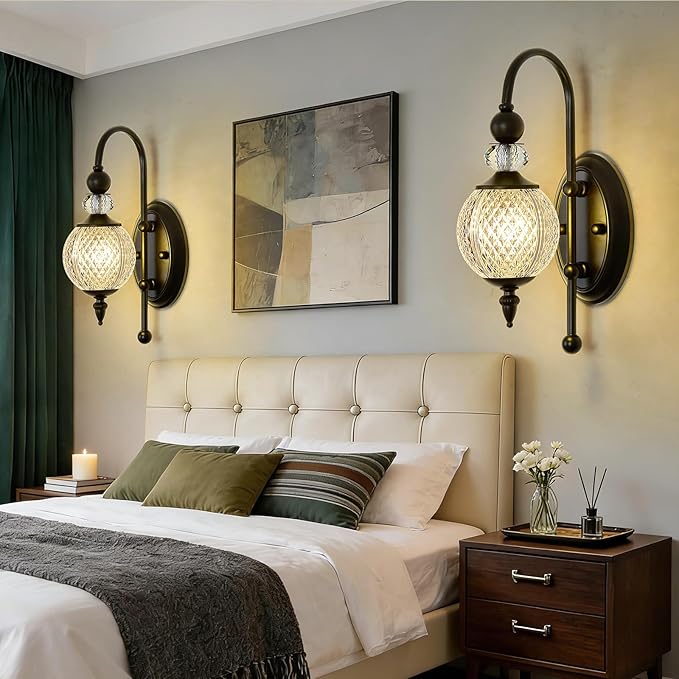 Vintage Black Wall Sconce with Acrylic Globe Shade Indoor Wall Light for Bathroom Bedroom Hallway Farmhouse
