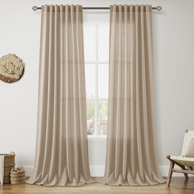 Sepia Beige Linen Curtains 90 Inches Long for Living Room Rustic Farmhouse Decor Light Filtering Semi Sheer Curtain Back Tab Rod Pocket Neutral Modern Luxury Drapes for Bedroom Office 52x90, 2 Panels