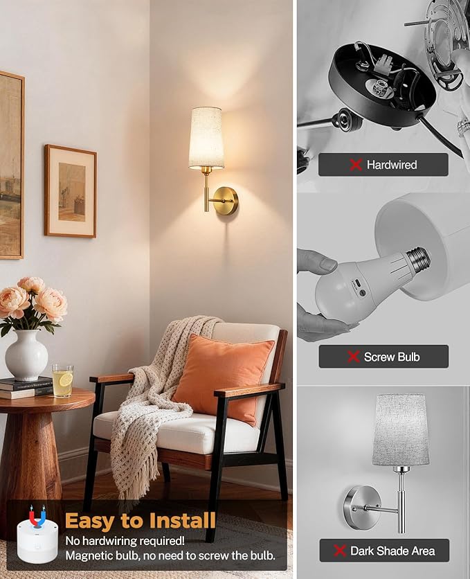 Battery Operated Wall Sconce Set of Two, Gold Rechargeable Wall Sconce, 13000mAh Wireless Wall Sconce with Remote, No Wire Dimmable Wall Lamp/Light for Bedroom, Beige Linen Fabric