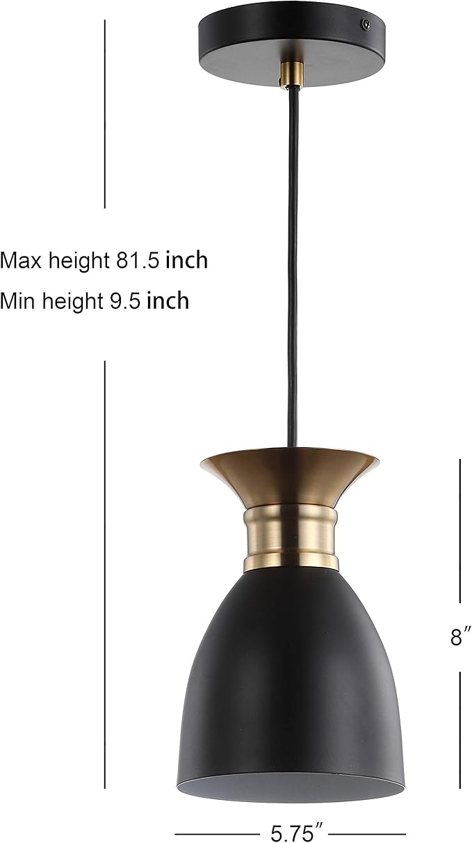 JONATHAN Y 5.75" Black/Brass Gold Modern Metal LED Pendant Light Fixture, Adjustable Hanging Ceiling Lamp for Kitchen Island Bedside, Metal Black Shade, LED Bulb Included JYL6136A