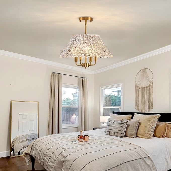 4-Light Gold Flush Mount Ceiling Light - 14 Inch Bright Vintage Glass Art Deco Fixture, Mid Century Modern Close to Ceiling Lamp for Bedroom Kitchen Hallway, E12 Candelabra Base (Bulbs Not Included)