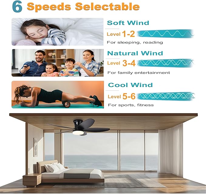 36" Low Profile Ceiling Fan with Lights & Remote, 6-Speed Wind, Dimmable 3-Color LED, Reversible DC Motor,Timer, Memory Function for Bedroom/Living Room/Patio Use (Black)