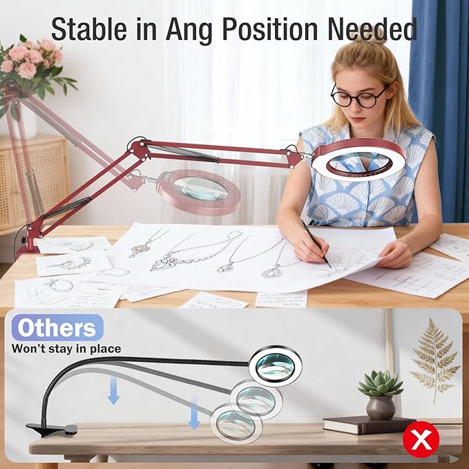 10X Magnifying Glass with Light and Clamp, Real Glass Stand Lighted Magnifier, 5 Color Modes Stepless Dimmable LED Desk Lamp Hands Free for Crafts Hobby Reading Painting Sewing Close Work - Large RED