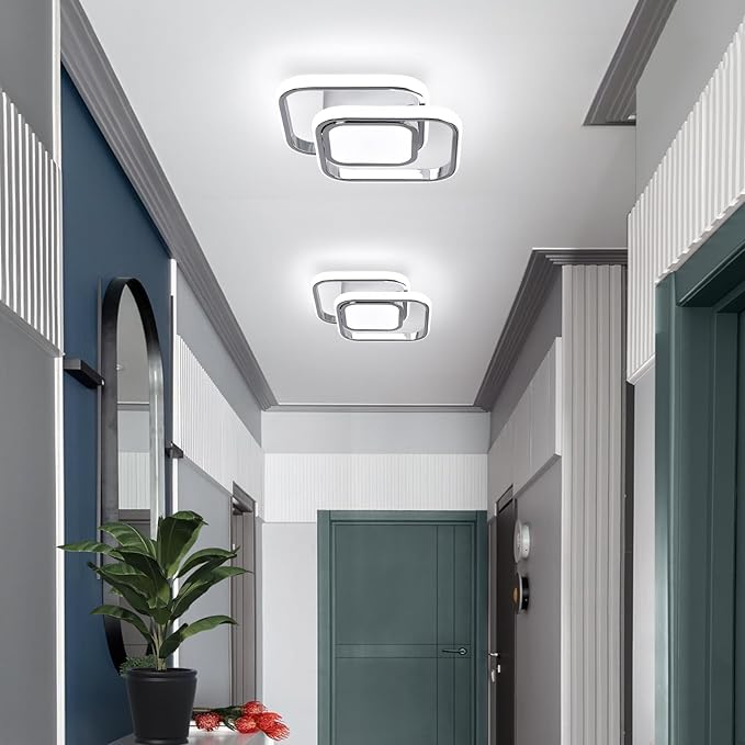 2 Packs Modern Led Ceiling Light Acrylic Square Small Ceiling Lamp Cool White 6000K Hallway Lighting Fixtures for Bedroom Kitchen Living Room Study Hallway Small Asile Lamp Corridor Lights (Chrome)