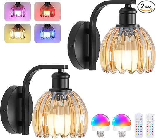 VerRon Rechargeable Battery Operated Wall Sconce Set of Two with Amber Glass Lampshade, Wireless Wall Scone Decor with Remote Control, 15 Colors Black Wall Light for Bedside Hallway Bedroom Doorway
