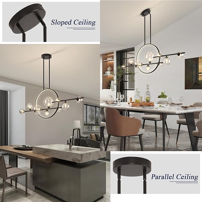 KELUOLY 10 Lights Modern Pendant Light Fixtures, 54" Black Dimmable Mid-Century Dining Room Large Bubble Chandeliers, Linear Kitchen Island Lights with Spherical Clear Glass Shade for bar, Cafe