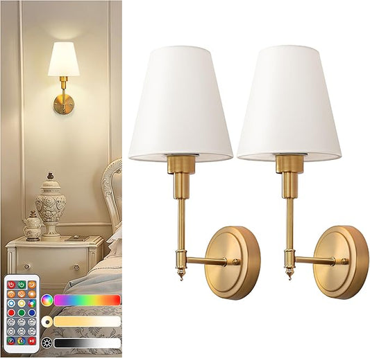 DORESshop Battery Operated Wall Sconce Set of 2, Wall Light Wireless Easy to Install, Dimmable and Adjustable Sconces Wall Decor, Rechargeable Wall Lamp for Bedroom, Living Room, Gold 14.8in
