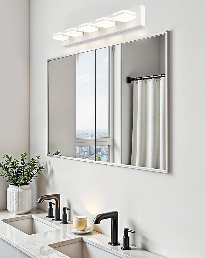 VONLUCE Bathroom Vanity Light Fixture, 5-Light Modern LED Vanity Light, 3CCT Adjustable Bathroom Lights with Memory Function Rotatable Shades, 34" Wall Lighting Fixture Over Mirror, Matte White