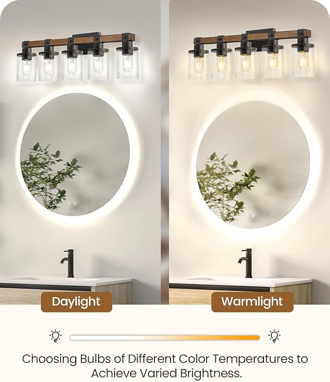 5-Light Bathroom Light Fixture, Farmhouse Vanity Lights for Bathroom with Glass Shade, Rustic Bathroom Light Fixtures, E26 Base F10BD05W1