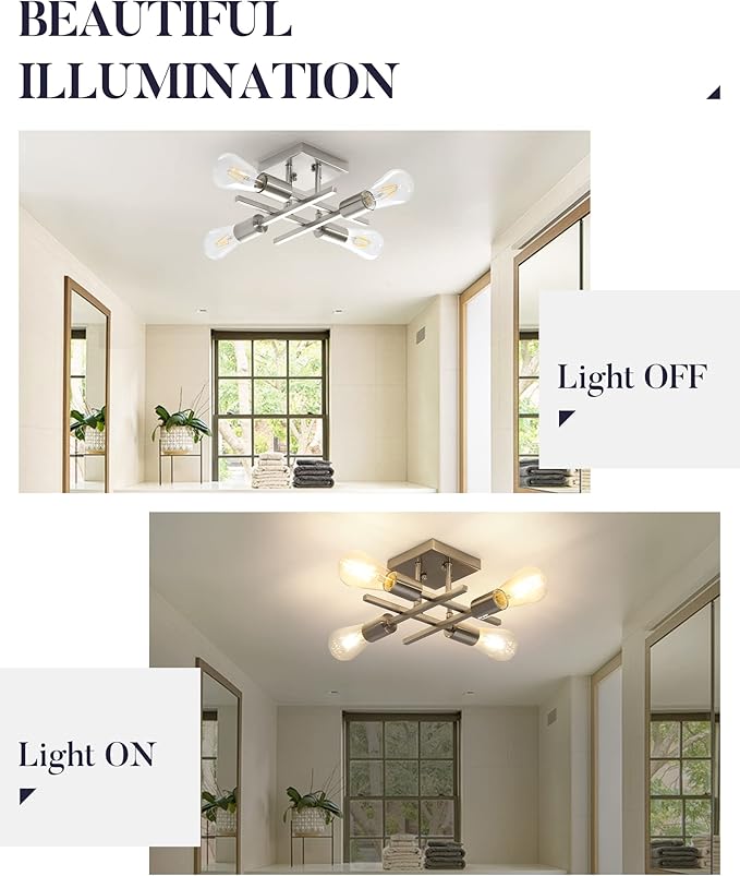 Industrial 4-Light Semi Flush Mount Ceiling Lighting Fixture, Modern Brushed Nickel Chandelier Light, Farmhouse Sputnik Ceiling Lamp with E26 Base for Bedroom Living Room Entryway, 2 Pack