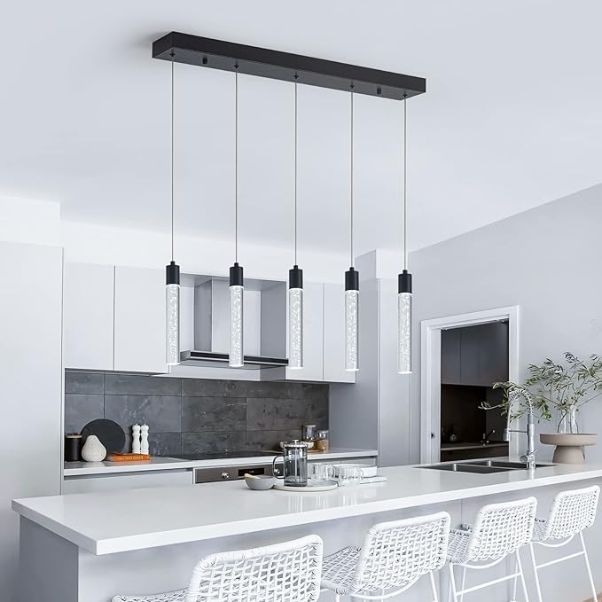 5 Black Pendant Lights Kitchen Island Modern with Adjustable Height - Clear Cylinder Island Lights, 3000-6000K Dimmable Kitchen Pendant Lighting for, Dining Room, Bar Counter