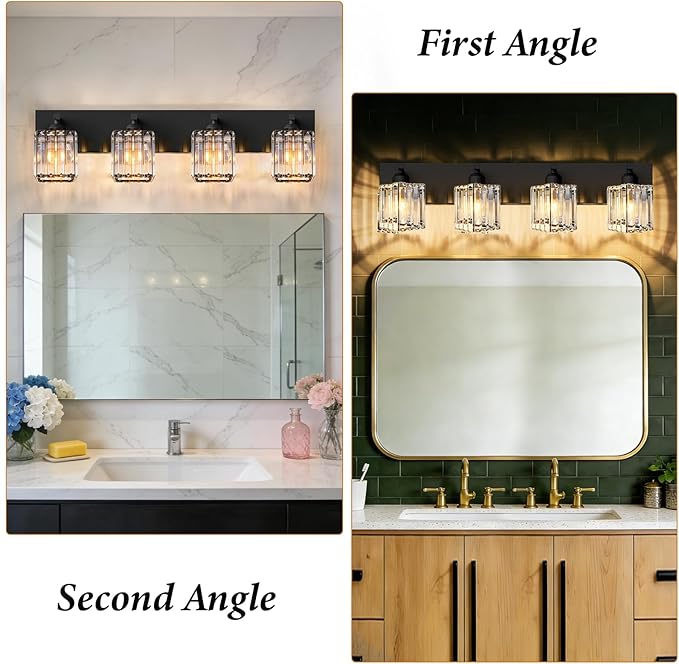 Black Crystal Bathroom Vanity Light, 4-Light Modern Bathroom Lighting Fixtures Over Mirror, Matte Black Wall Sconce Light Fixtures with Square Shade