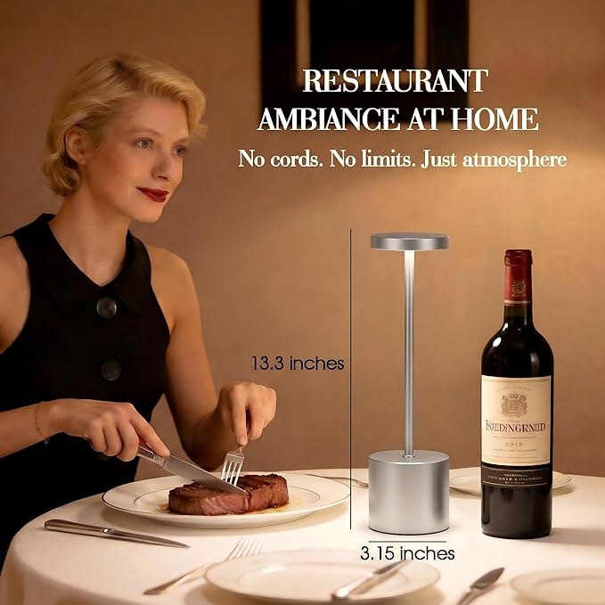 Silver Cordless Table Lamp Set of 2, 5000mAh Rechargeable Lamp with Touch Control & Stepless Dimming, 3 Light Modes, IP54 Waterproof Portable Light for Dining Table, Patio, Bathroom, Power Outage
