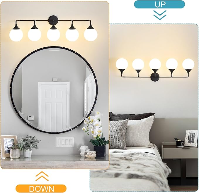 Black Bathroom Light Fixtures, Modern Vanity Lighting Over Mirror, Mid Century Brushed Brass Wall Sconce 5-Light with Milky White Glass Ball Shades