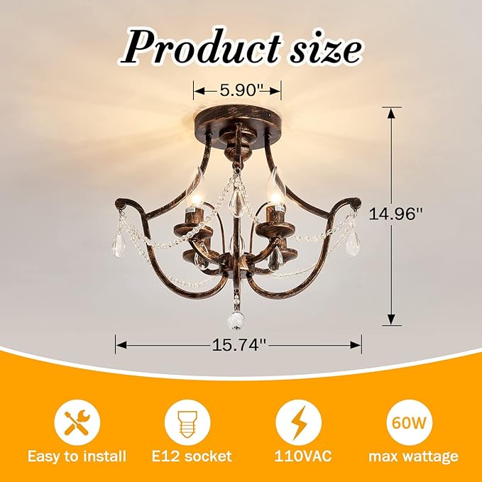 UOFUS Vintage Semi Flush Mount Crystal Chandelier Oil Rubbed Bronze 4-Light Small Metal Ceiling Light Fixture Farmhouse Ceiling Lamp for Foyer Kitchen Entryway Hallway Bathroom Bedroom Dining Room
