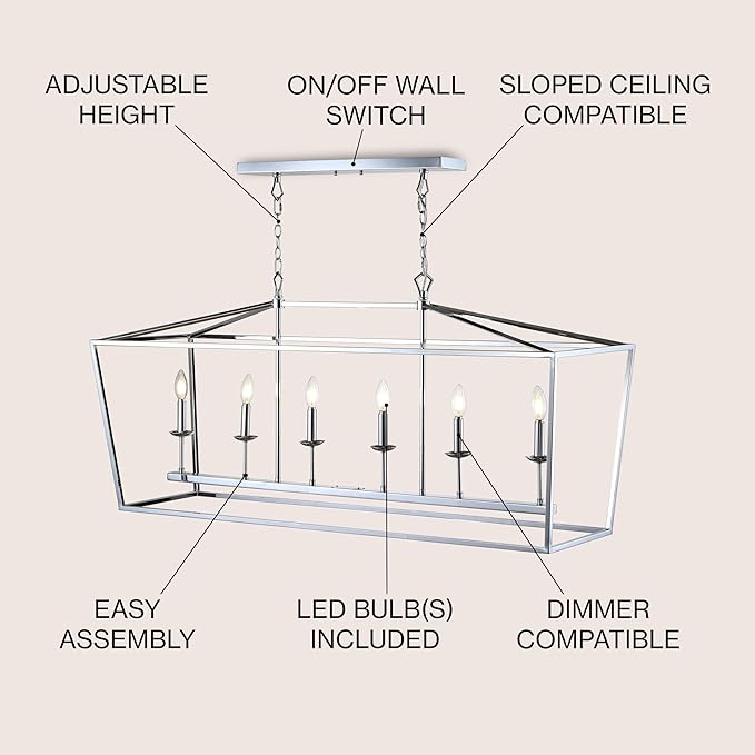 JONATHAN Y 49" Chrome Lantern Pendant Light, 1-Light Pagoda Style Metal Cage Farmhouse Hanging Ceiling Fixture for Kitchen Island, LED Bulb Included (JYL7439C)