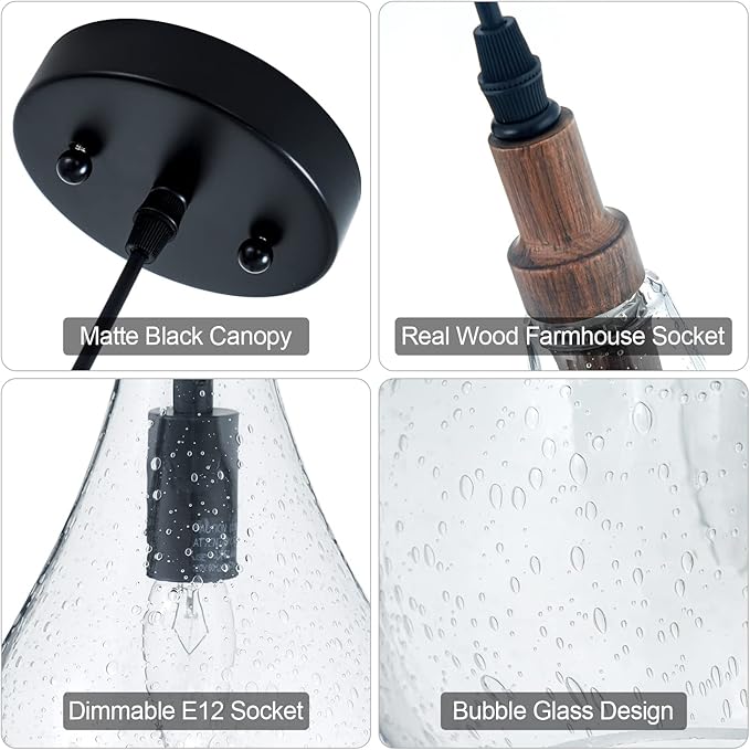 Farmhouse Wood Bubble Seeded Glass Pendant Light Adjustable Industrial Pendant Lighting Fixtures for Kitchen Island Dining Room Bedroom Entryway Sink