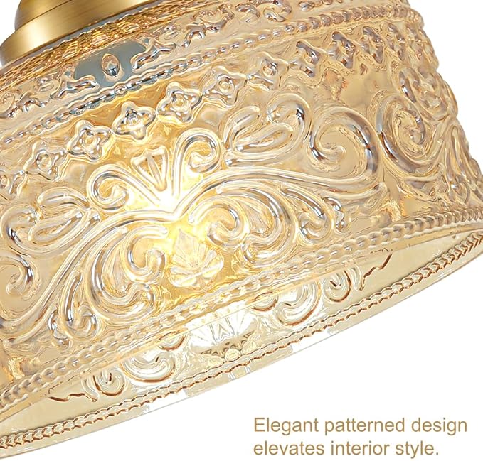 Small Semi Flush Mount Ceiling Light Fixture, Vintage Gold Close to Ceiling Lighting with Amber Etched Glass Shade for Hallway, Kitchen, Entryway (Retro Design, Easy Install)