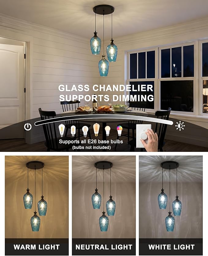 3-Light Pendant Lighting, Black Dining Room Chandelier Light Fixture Over Table with Blue Hammered Glass, Modern Cluster Hanging Lights for Kitchen Island Sink, E26