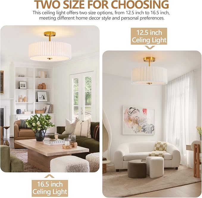 Bargeni 16.5 Inch Semi Flush Mount Ceiling Light Fixture,Gold Finish with Pleated Fabric Shade,3-Light Flush Mount Ceiling Light,Modern Light Fixtures Ceiling Mount for Bedroom,Hallway,Nursery Room