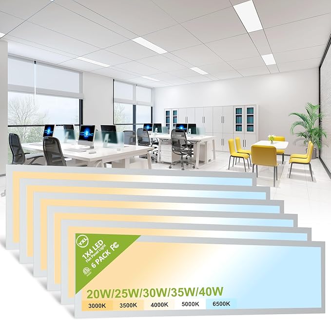 6 Pack 1x4 LED Flat Panel Light Surface Mount Drop Ceiling Light Fixture, 5200LM, 5CCT LED Drop Ceiling Office Light, 40W/35W/30W/25W/20W Selectable,6500K/5000K/4000K/3500K/3000K,Dimmable 0-10V,ETL