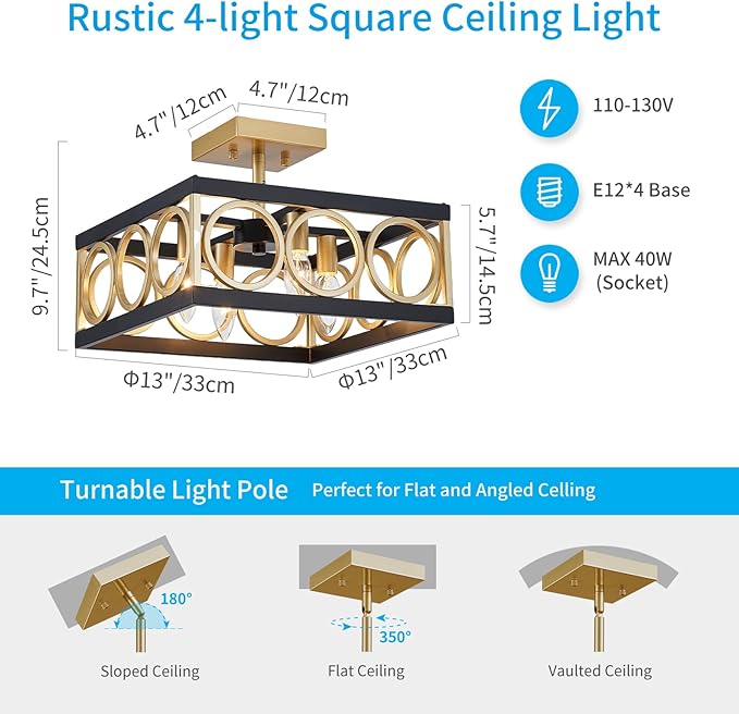 XINGQ Black and Gold Ceiling Light Fixture Modern 4-Light 13'' Semi Flush Mount Ceiling Lights for Living Dining Room Bedroom with Square Metal Shade, E12 Bulb Base