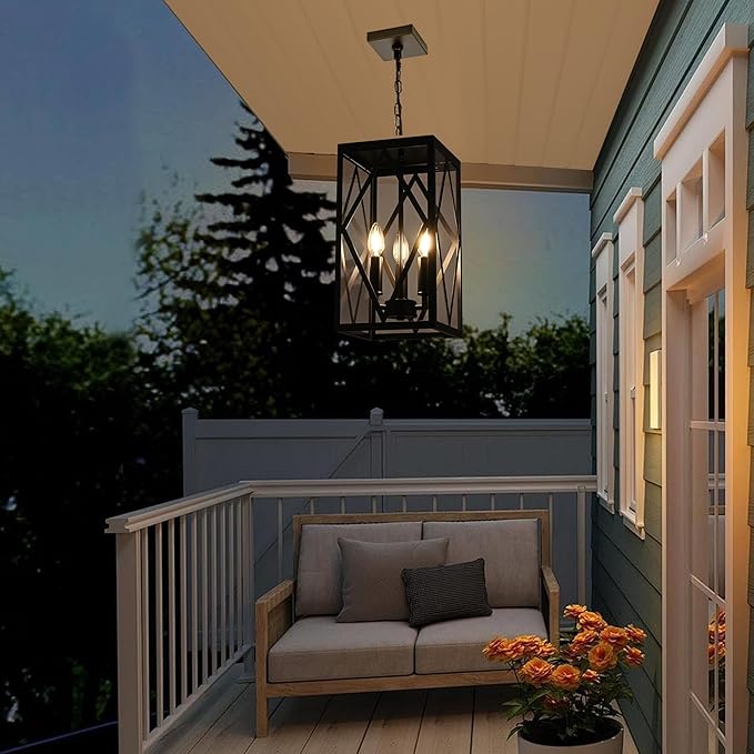 Outdoor Pendant Light Fixture 3-Light, 15.7in Farmhouse Bronze Outdoor Chandelier Hanging Porch Light, Metal Exterior Ceiling Mount Hanging Lantern with Clear Glass for Front Door Entrance