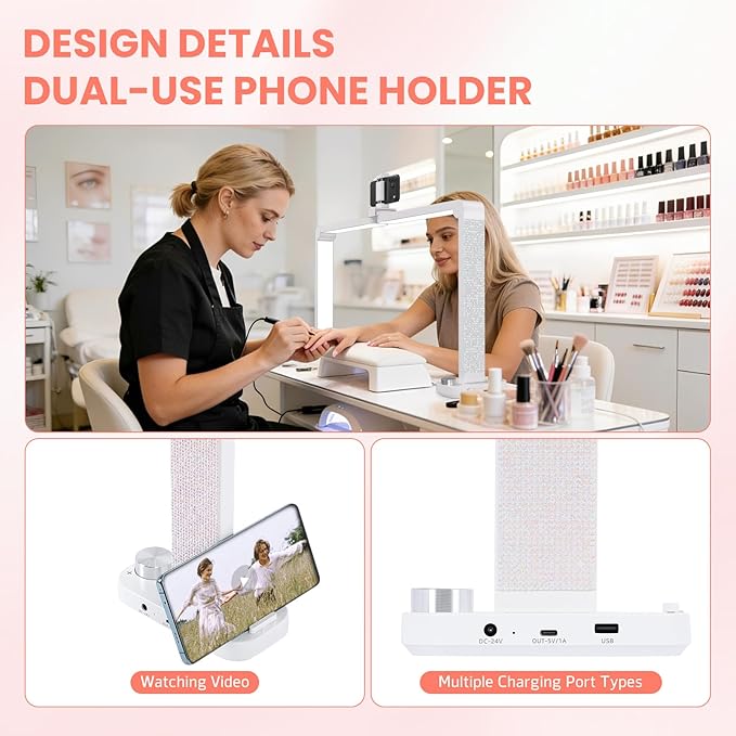 Half Moon Light for Nail Desk, 34“ Large Square Nail Lamp for Desk with Phone Holder, Professional Manicurist Desktop Lamp, LED Light Suitable for Manicures, Tattoos, White with Rhinestones
