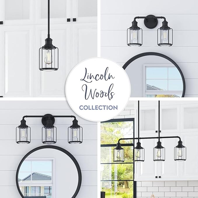 Prominence Home Lincoln Woods 3 Light Matte Black Industrial Bathroom Vanity Light with Cage and Clear Glass - 51545-01