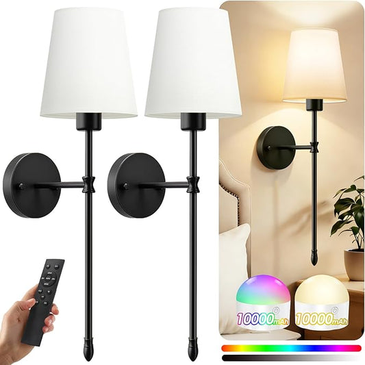 OCATO Battery Operated Wall Sconce: 10000mAh Wireless Wall Sconces Set of Two Rechargeable Lamp Dimmable Magnetic Lights with 7 RGB Colors and Remote Walls Decor for Bedroom Living Room Hallway
