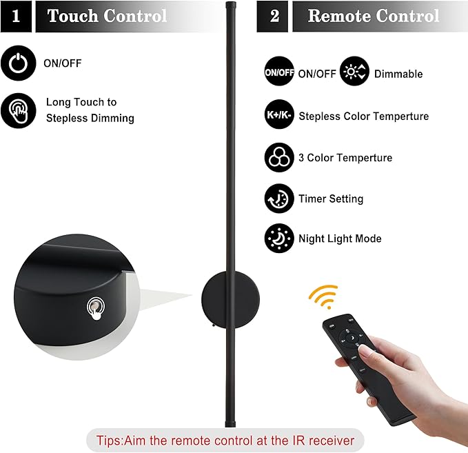 Battery Operated Modern Wall Sconces Set of Two,Rechargeable Wireless Wall Lights with Remote Control,Dimmable,3CCT,Timer,360°Rotation,Cordless Lighting for Bedroom,Living Room,Hallway,Black,27.6 Inch