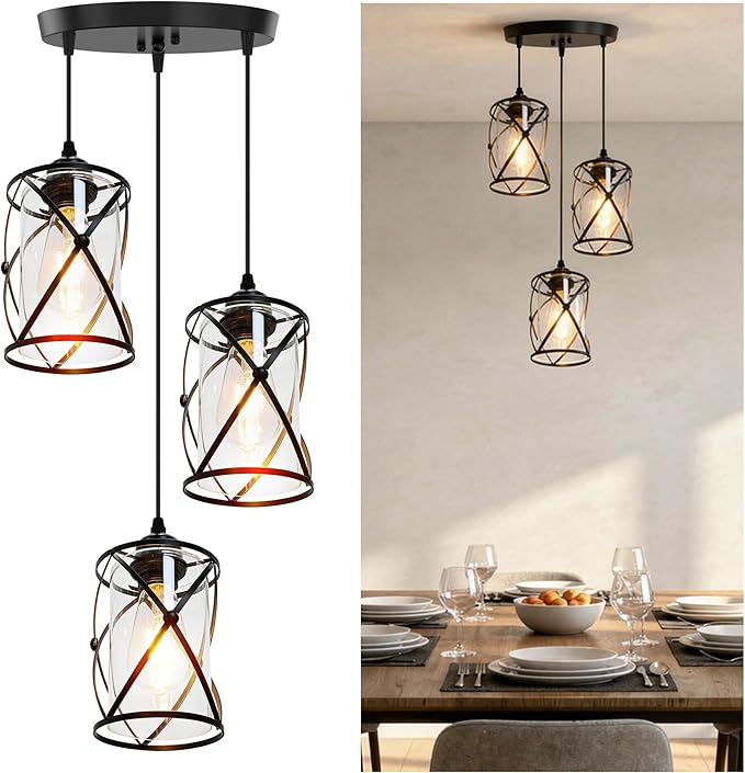 3 Light Pendant Lighting, Farmhouse Hanging Light Fixture for Kitchen Island & Dining Room, Industrial Vintage Ceiling Lamp with E26 Base, Adjustable Height, Matte Black with Glass Shades
